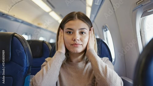 A young Hispanic woman with long brown hair sits in an airplane seat, covering her ears with her hands, looking distressed or overwhelmed.