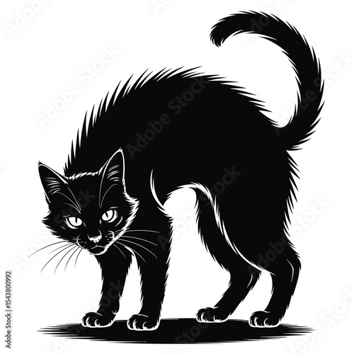 A black cat arching its back with spiked fur and glowing eyes in black silhouette vector