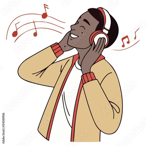 Young Black Asian Man Listening to Music – Flat Vector Illustration of Male Character Enjoying Favorite Song with Headphones