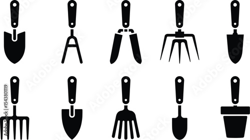 Collection of various gardening tools in black silhouette on white background