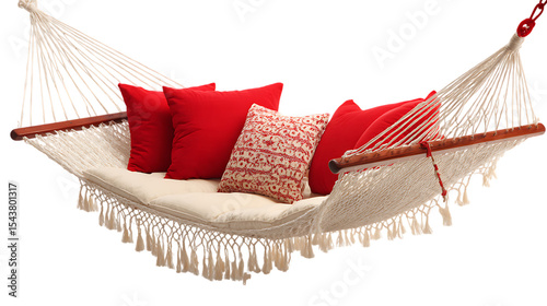 Comfortable hammock with red pillows, perfect for relaxation and leisure.