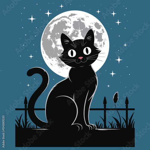 A black cat sitting on a fence under a full moon with its tail curled in black silhouette vector