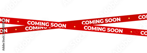 Coming Soon Red Banner Tape Stripe for shop opening, sale launch, retail notice, store ad, campaign teaser, product arrival, marketing layout. Product promotional clearance. Vector Illustration.