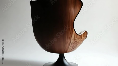 Modern wooden egg-shaped chair, showcasing intricate wood grain and sleek design.