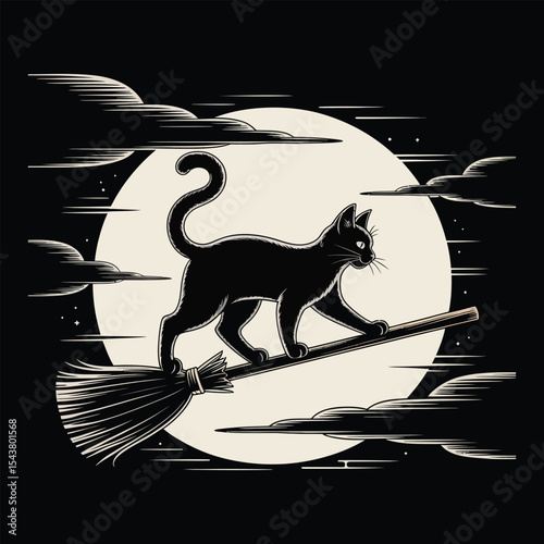 A black cat walking along a broomstick in front of the moon in black silhouette vector