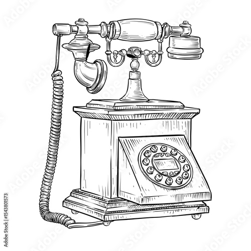 vintage telephone vector line art hand drawn illustration