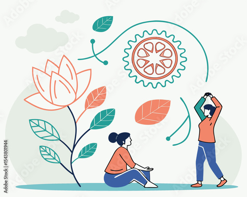 Two women with lotus flower and gear illustration in a serene and peaceful wellness scene
