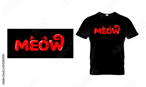 Vector art of red meow text design Tee with cat ears and tail isolated on transparent background, perfect for t-shirts and apparel