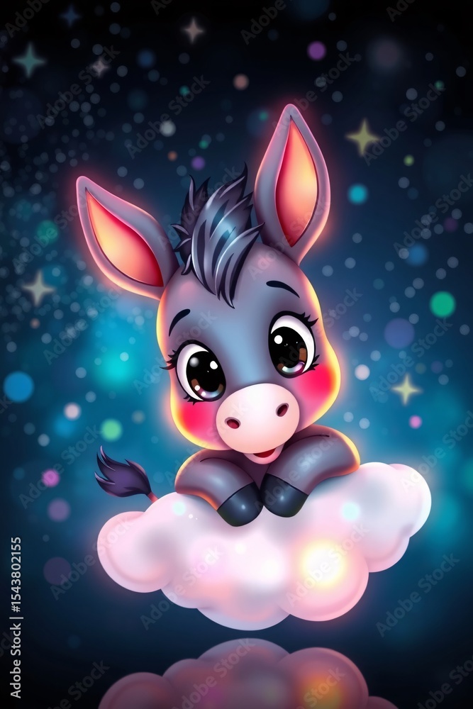 Fototapeta premium Cute cartoon baby donkey embraces a soft cloud in whimsical night sky