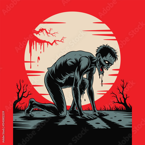 A crawling zombie with a broken leg dragging itself across the ground in silhouette vector art