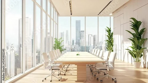 Modern, bright conference room with city view, large table, and potted plants.
