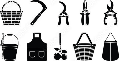 Illustration of various gardening tools and harvesting equipment in black