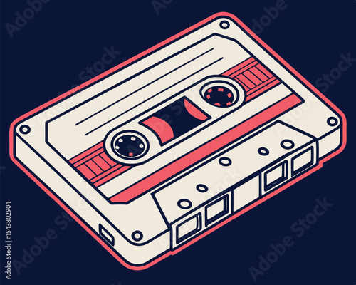 Illustration of a vintage audio cassette tape with a cream colored body and coral colored accents design