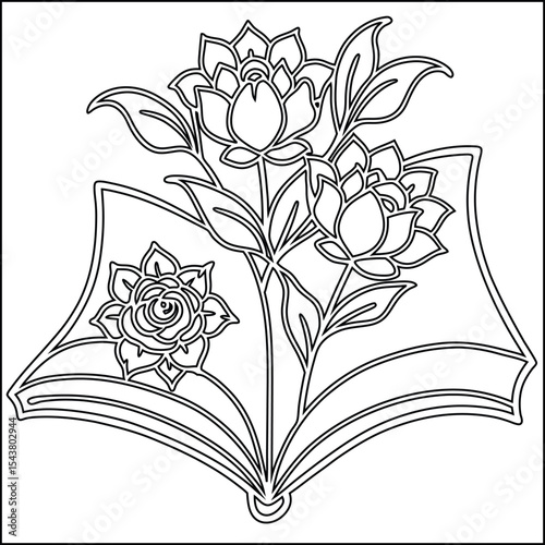 Detailed line art book illustration with flowers