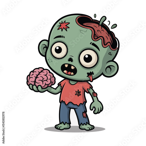 A cute cartoon zombie with big eyes, one arm falling off, holding a brain like a toy in vector art