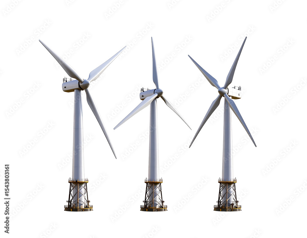 Obraz premium Three modern wind turbines on black background, energy generation concept