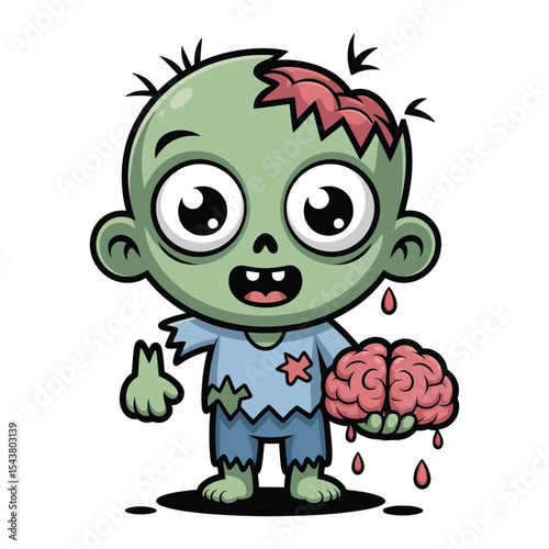 A cute cartoon zombie with big eyes, one arm falling off, holding a brain like a toy in vector art