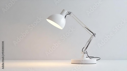 A white desk lamp illuminates a plain white background.