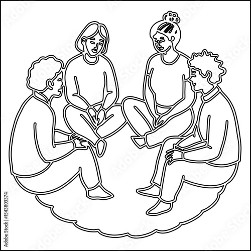 Continuous line drawing of four young adults sitting