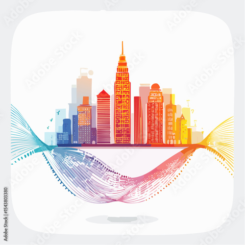 city and abstract dot point , big data connection technology concept, vibrant color hues