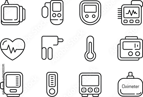 Collection of medical devices and health monitoring equipment line art icons