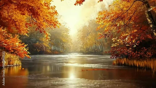 Serene autumn sunrise over a calm river, reflected in still water, framed by vibrant golden foliage.
