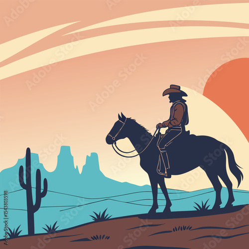 Silhouette of a cowboy riding a horse in the desert landscape with cactus and mountains at sunset vista