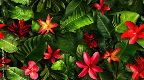 Vibrant Seamless Pattern Featuring Diverse Tropical Leaves and Colorful Flowers, Celebrating Nature’s Beauty in a Lush Garden Setting