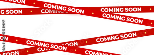 Coming Soon Red Banner Tape Stripe for shop opening, sale launch, retail notice, store ad, campaign teaser, product arrival, marketing layout. Product promotional clearance. Vector Illustration.