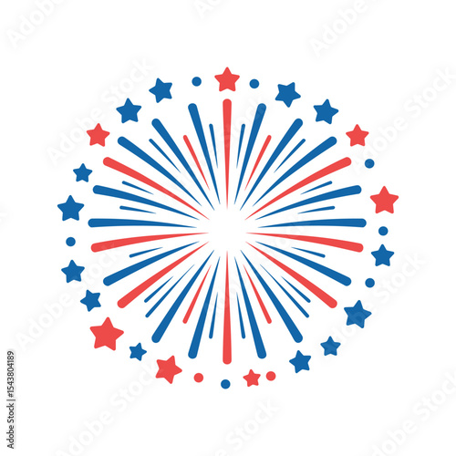 Red and Blue Firework Burst with Stars – Celebration Vector Illustration.