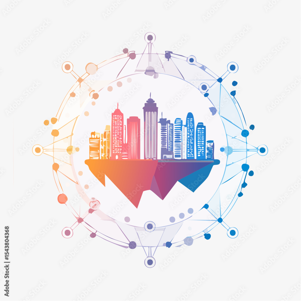 Fototapeta premium city and abstract dot point , big data connection technology concept, vibrant color hues
