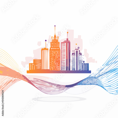city and abstract dot point , big data connection technology concept, vibrant color hues