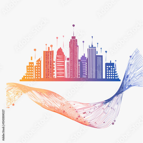 city and abstract dot point , big data connection technology concept, vibrant color hues