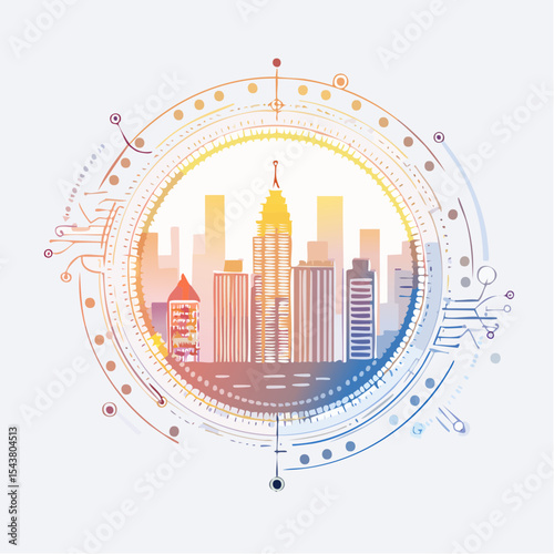 city and abstract dot point , big data connection technology concept, vibrant color hues