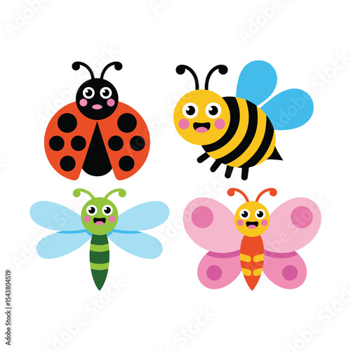 Cartoon Insects Set – Cute Ladybug, Bee, Dragonfly and Butterfly Vector.