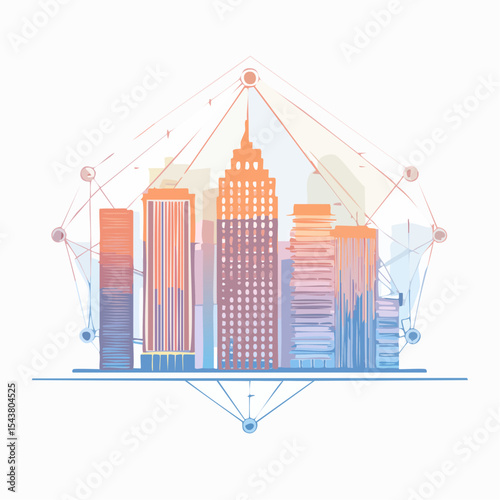city and abstract dot point , big data connection technology concept, vibrant color hues