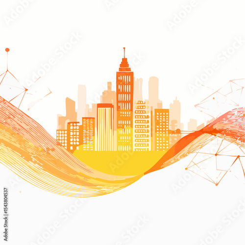 city and abstract dot point , big data connection technology concept, vibrant color hues