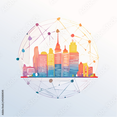 city and abstract dot point , big data connection technology concept, vibrant color hues