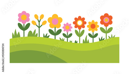 Cartoon Flower Garden on Green Hills – Colorful Spring Floral Vector.
