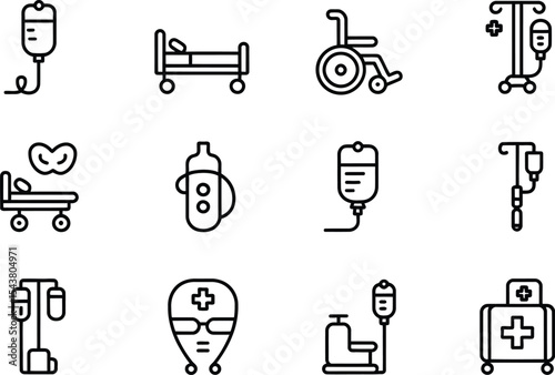 A set of medical icons featuring hospital beds and intravenous drip stands