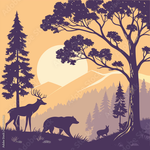 Silhouette of wildlife in a forest landscape with a deer bear and trees against a sunset backdrop