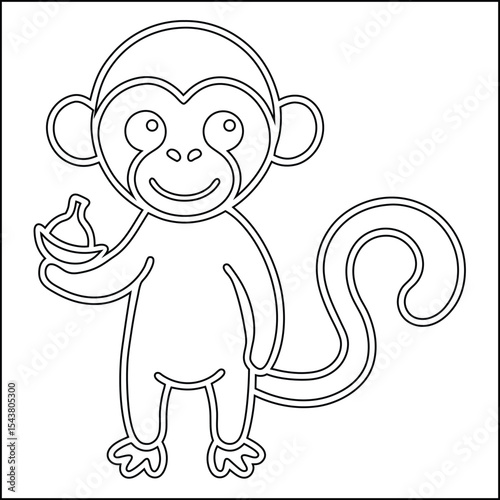 Cute cartoon monkey black and white line art illustration
