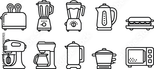 Line art illustration of various kitchen appliances on a white background