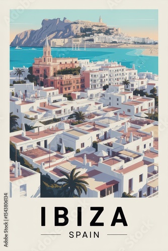 Retro Travel Poster of Ibiza with Mediterranean Architecture and Seaside View, Spain