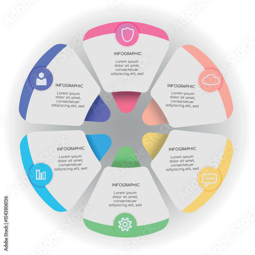 Colorful 6-step infographic with rounded triangular elements and modern icons. Each section contains placeholder text and is arranged in a radial layout. Suitable for workflow, business strategy, time