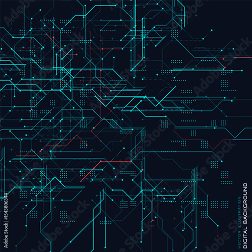 Futuristic Digital Technology Background. Abstract Circuit Board Pattern With Blue Red Data Lines On Dark Grid. Perfect For AI, Innovation, Cyber Themes And Tech Presentations. Vector Illustration.
