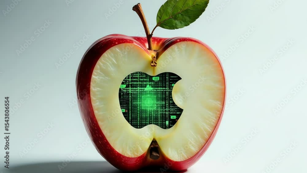 Digital apple with logo and circuitry pattern inside cut in half  