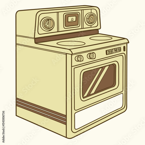 Illustration of a vintage oven with a light yellow body and brown accents in a kitchen setting design
