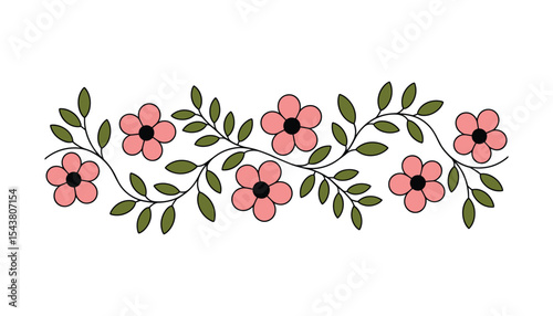 Hand-Drawn Floral Border with Pink Flowers and Green Leaves Illustration.