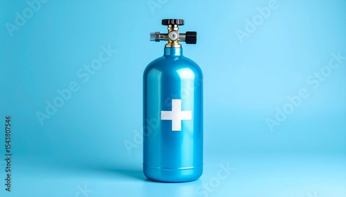 Close-up photo of an blue oxygen cylinder with a white cross logo 
